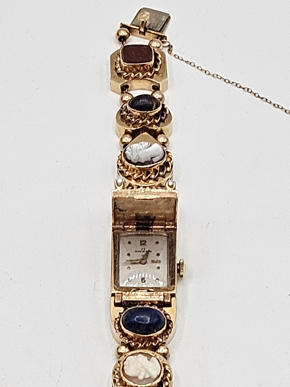 Stunning 14k Yellow Gold Slide Charm Omega Gemstone Bracelet Watch