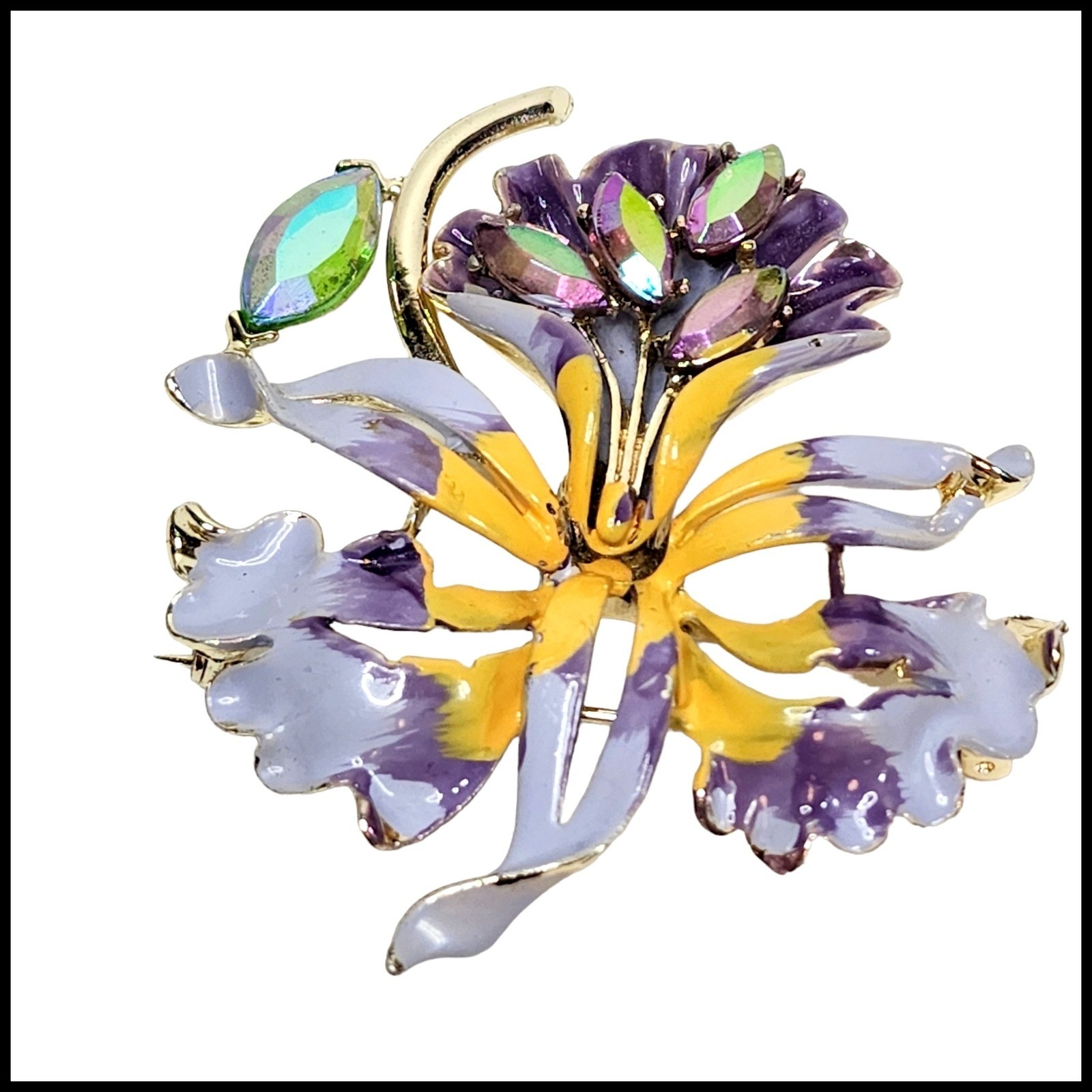Vintage Signed B.S.K. Orchid Brooch Enamel Glass Crystal Purple Brooch Pin