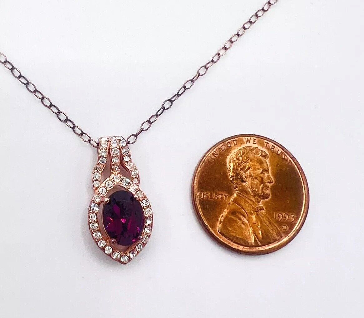 Vintage Rose Gold Tone Sterling Silver Purple Crystal Pendant Necklace
