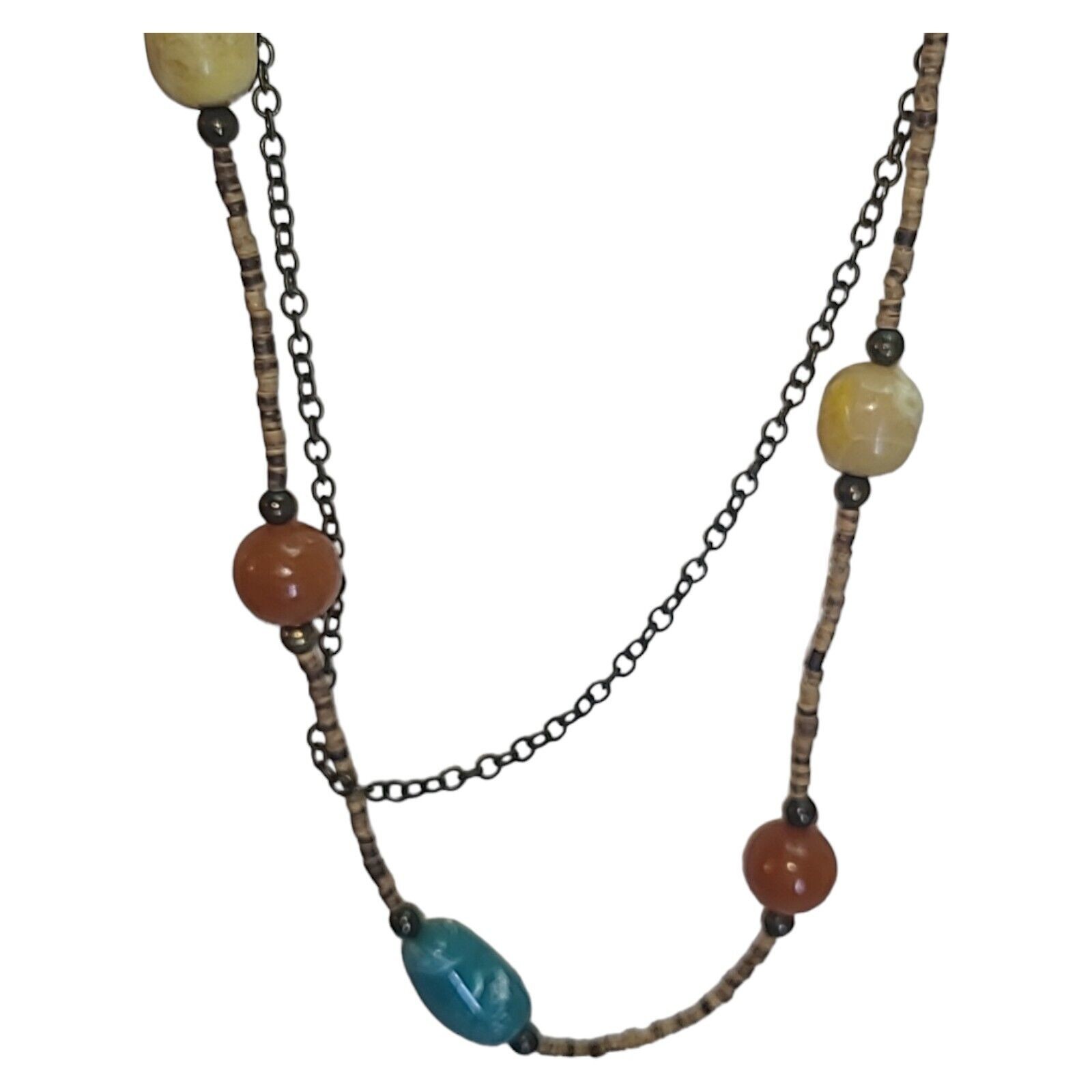 Vintage Boho Coconut Shell & Multi-color Acrylic Bead Station Necklace 32″