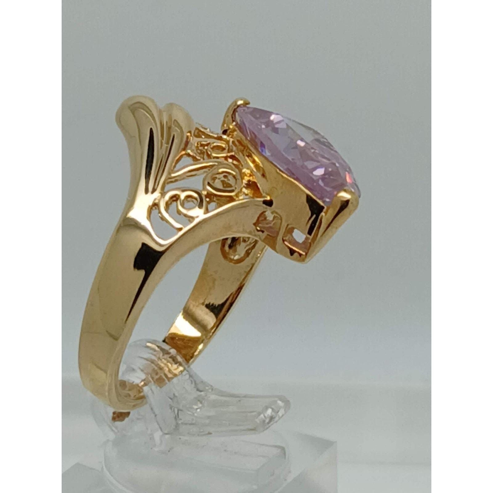Vintage 1990s Bold Gold Tone Purple Lilac Statement Ring New-Old-Stock Size 8