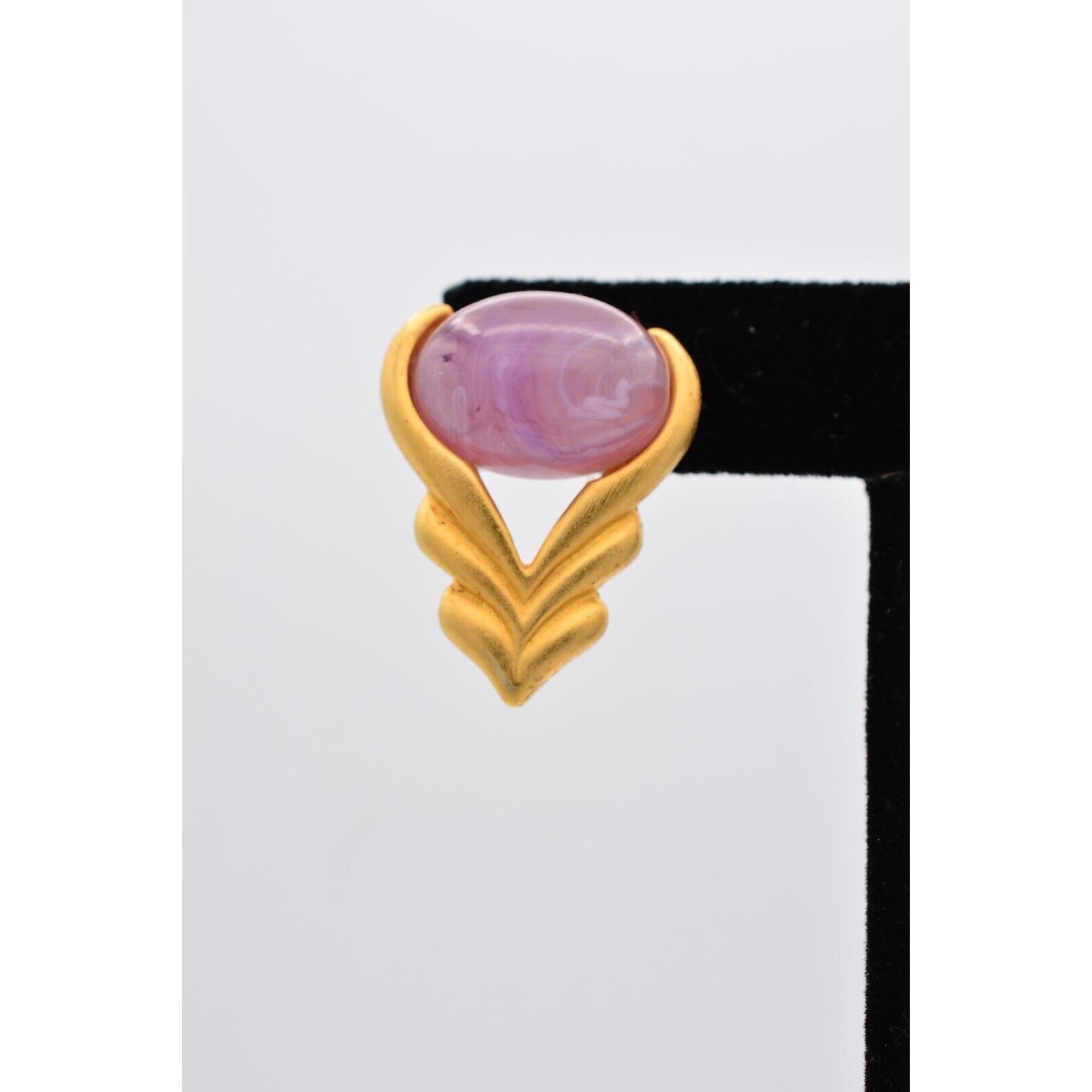 Vintage Cabochon Earrings Purple Marbled Lucite Brushed Gold Dangle Drop 90s 9L