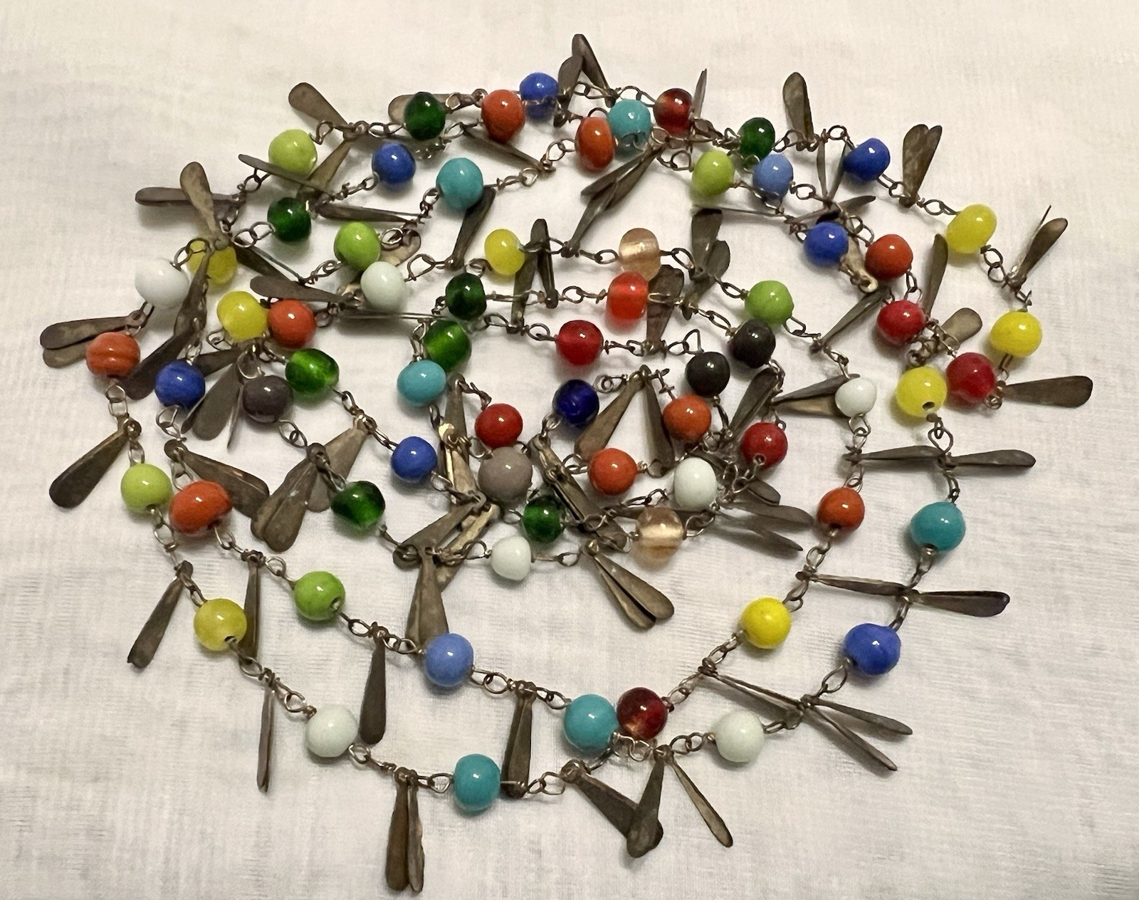 CZECH Flapper Length 54″ ART GLASS BEAD & TEARDROP METAL TAG Necklace VINTAGE