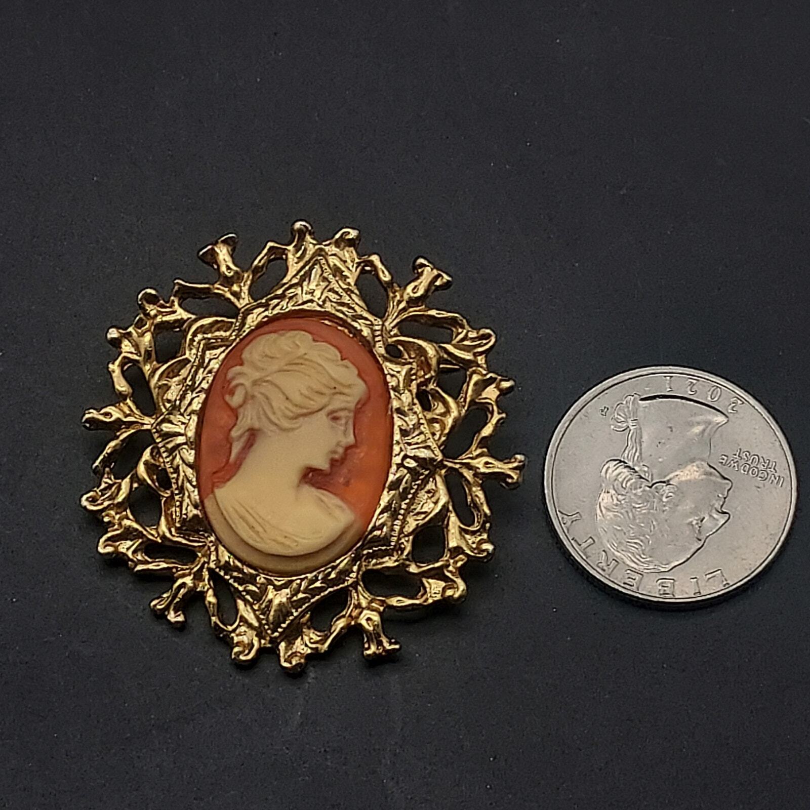 Vintage Cameo Brooch Orange Cream Gold Tone Lady HEad Portrait