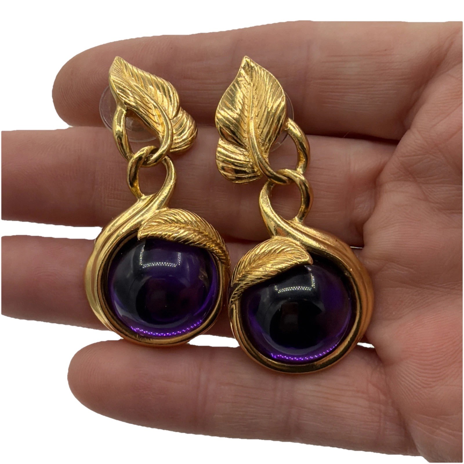 Vintage Gold Leaf Amethyst Purple Stone Pierced Earrings – Nature Motif Dangle