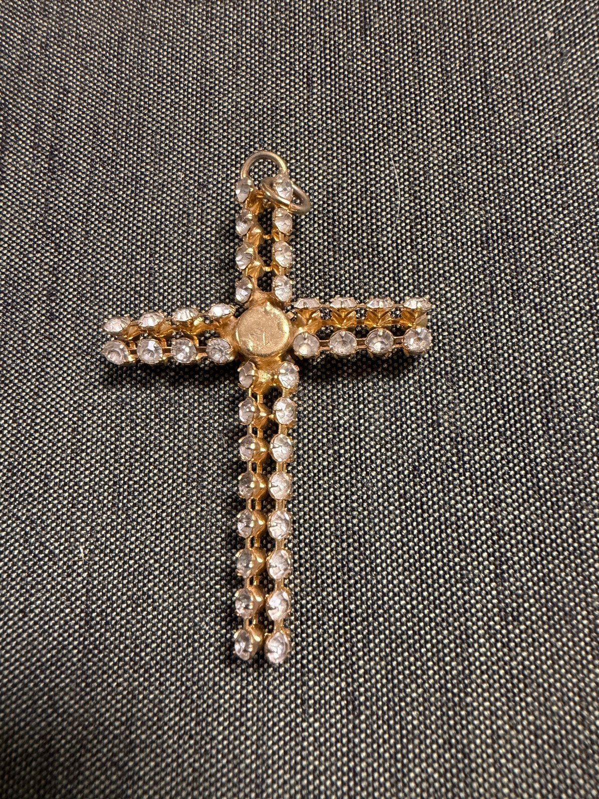 Vintage Metal and White Gem Stone 2″ Cross Pendant Gold Tone
