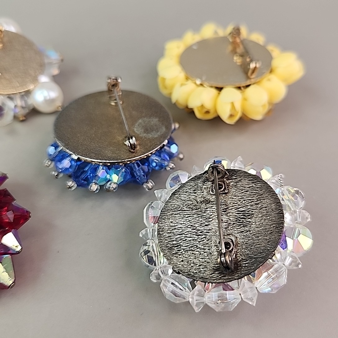 Vintage Cluster Brooch Lot of 5 AB Glass Blue Red Yellow Plastic