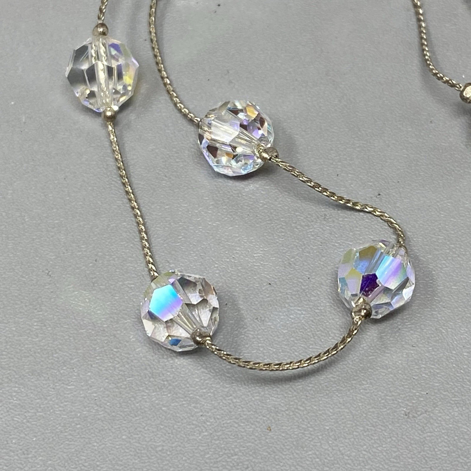 Aurora Borealis Crystal Bead Necklace Faceted Glass Silver Tone Chain Collar 18″