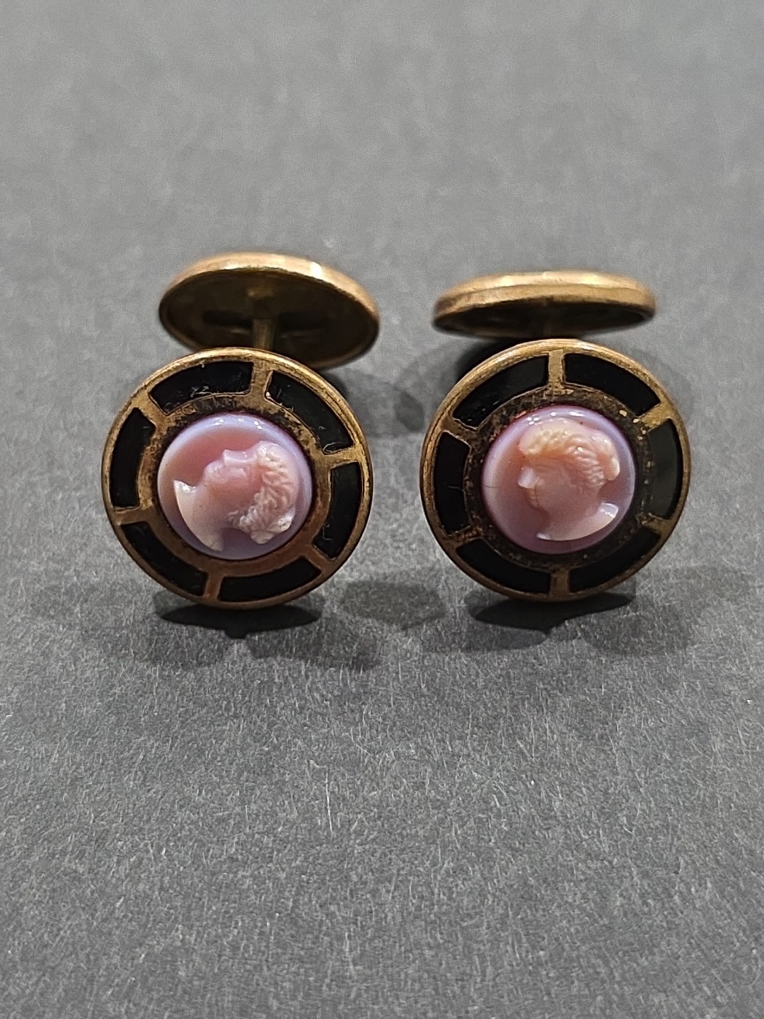 Rare Antique Enamel Purple Glass Cameo Portrait Gold Tone Cufflinks