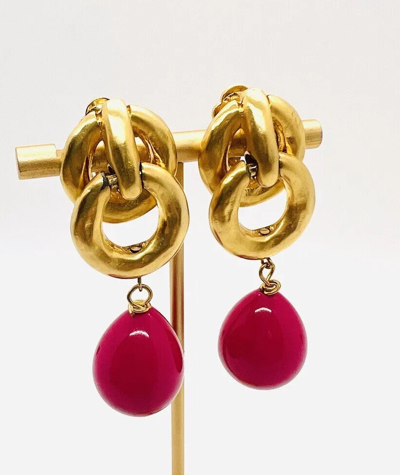 Large LES BERNARD Bright Pink Beaded Drop Dangle Earrings Signed Vintage Jewelry