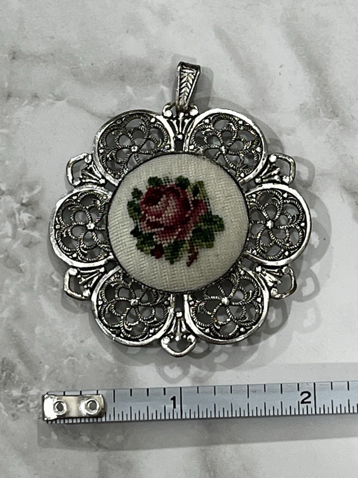 Vintage Silver Tone Austria Pendant Brooch Embroidered Petit Point Rose Bouquet