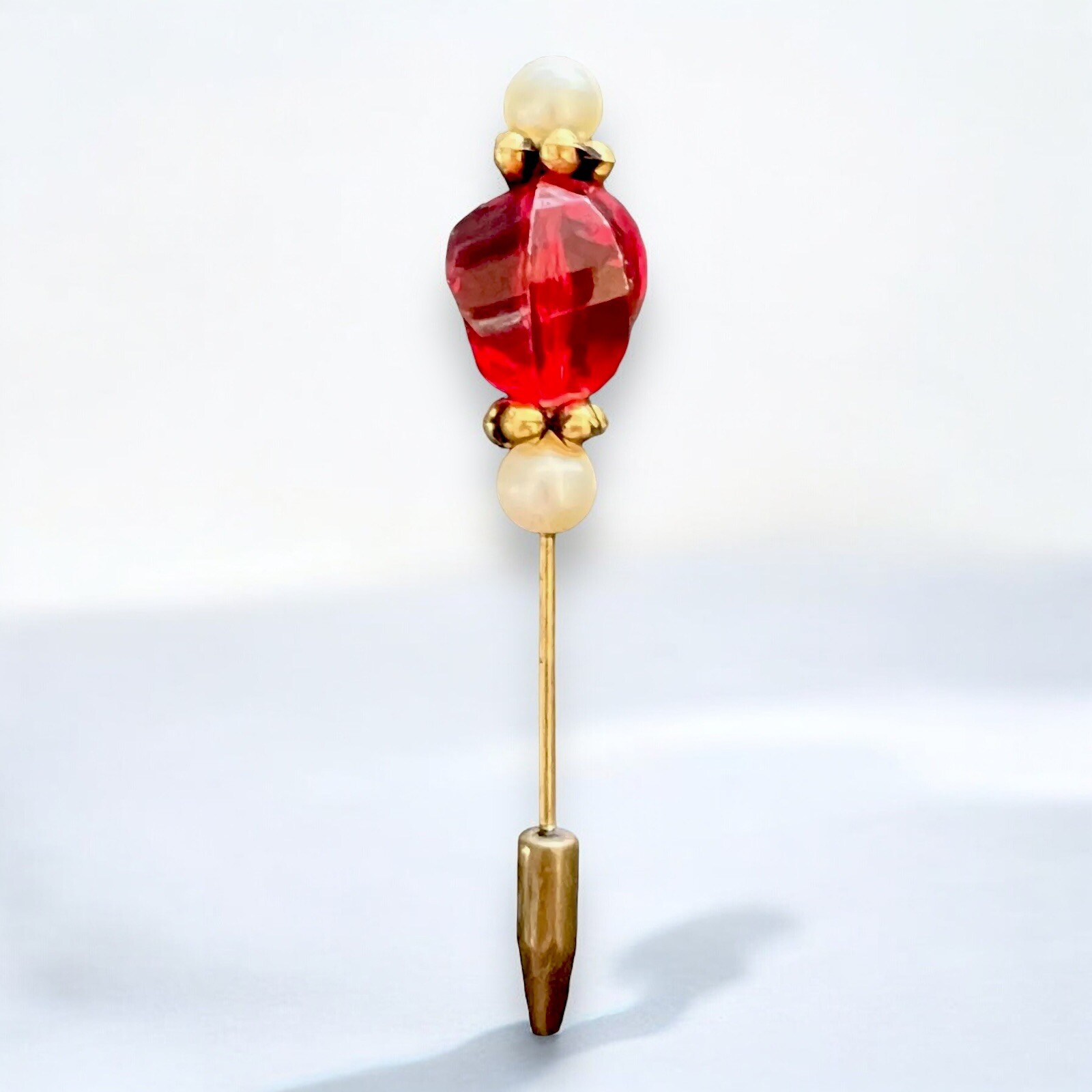 Red Lucite Hat Pin Gold Tone Pearl Art Deco Hat Accessory Vintage Screw Base