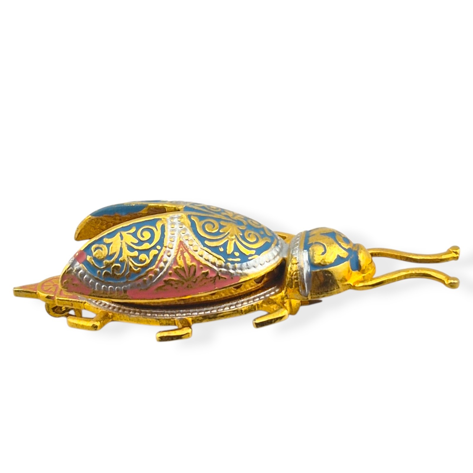 Vintage Spanish Damascene Beetle Bug Brooch Pin Fixed Wings Faux Pearl Spain