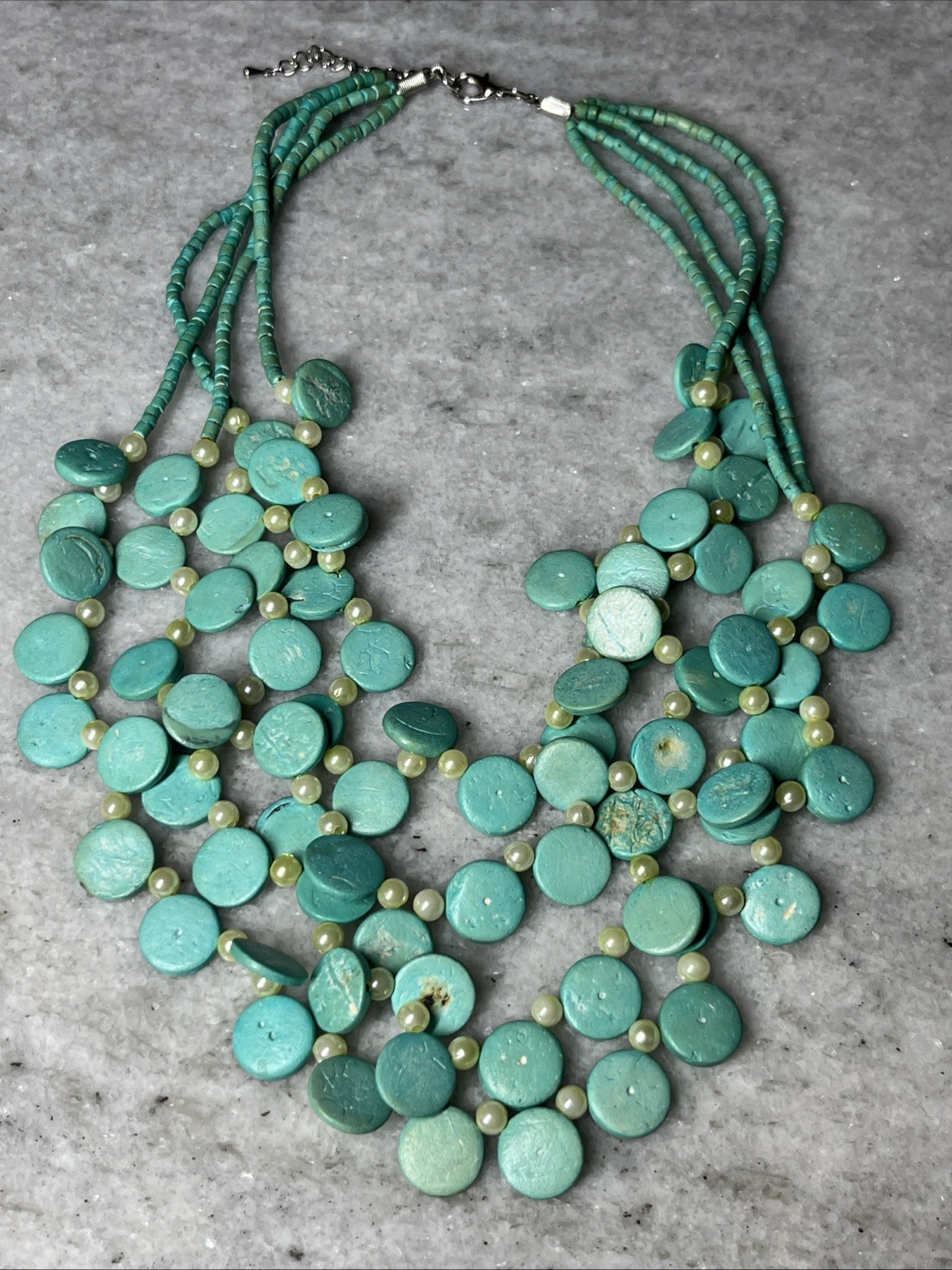 Turquoise Tone Cascade Necklace 4 Strand Layered Discs Beaded Faux Pearl Jewelry
