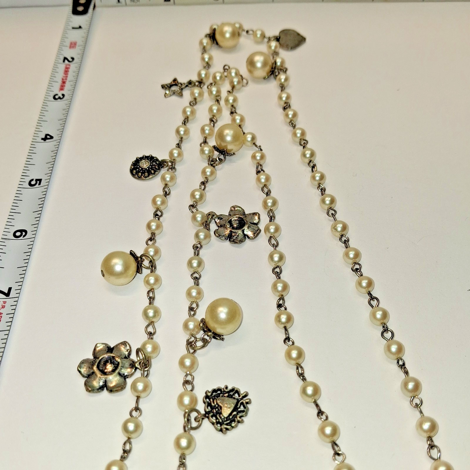 Long 26″ Vintage Silver Charm and Simulated Pearl Necklace Hearts,Flowers,Stars