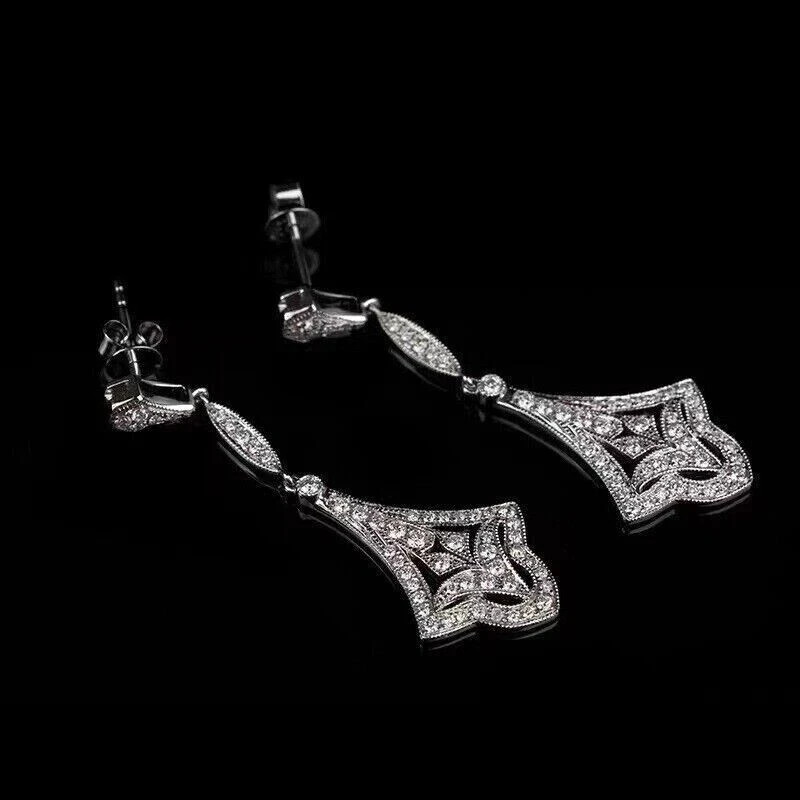 Art Deco Style Round Diamond Wedding 14K White Gold Finish Drop Dangle Earrings