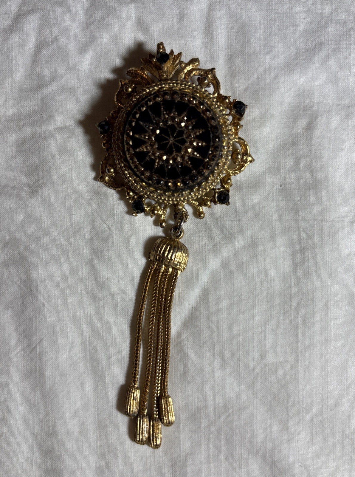 Vintage Art Deco Gold Tone Black Rhinestone Tassel Mourning Brooch Signed LJM