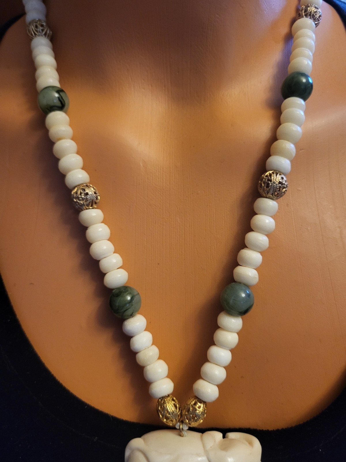 Vintage Ox & Calf Celluloid Netsuke Bead Tassel Necklace 22 Inches 5.5 Inch Drop