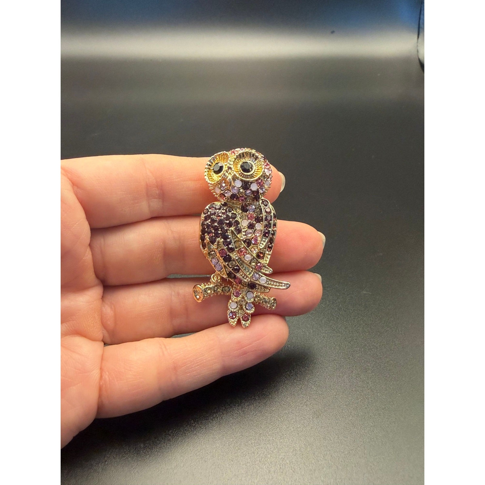 Vintage Monet gold-tone rhinestone owl brooch with purple, pink, white stones