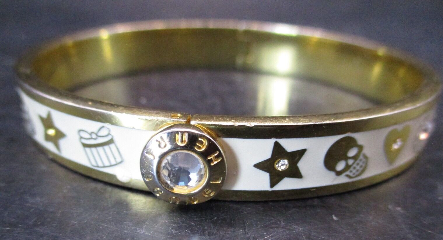 RARE HENRI BENDEL NEW YORK GOLD, CREAM ENAMEL RHINESTONE “LIFE EVENTS” HINGED BA