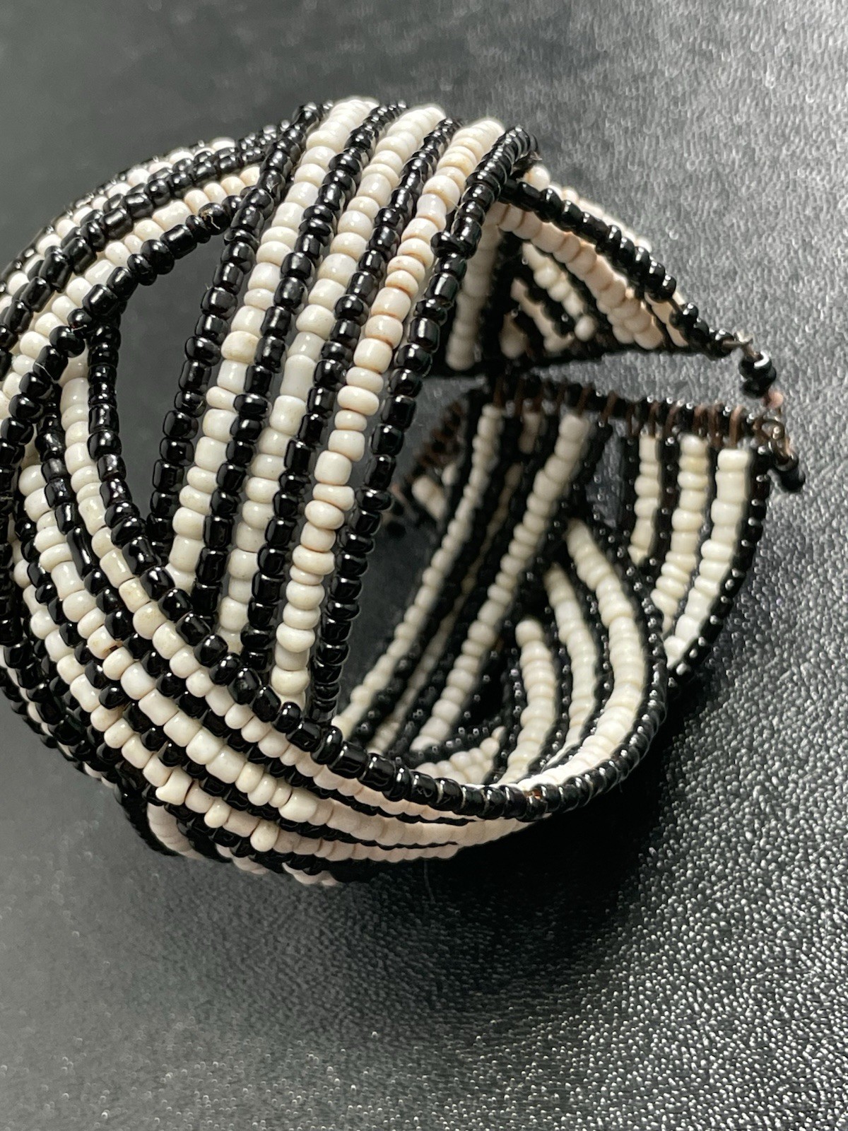 Vintage 2” Wide White & Black Glass Beaded Wrap Bracelet