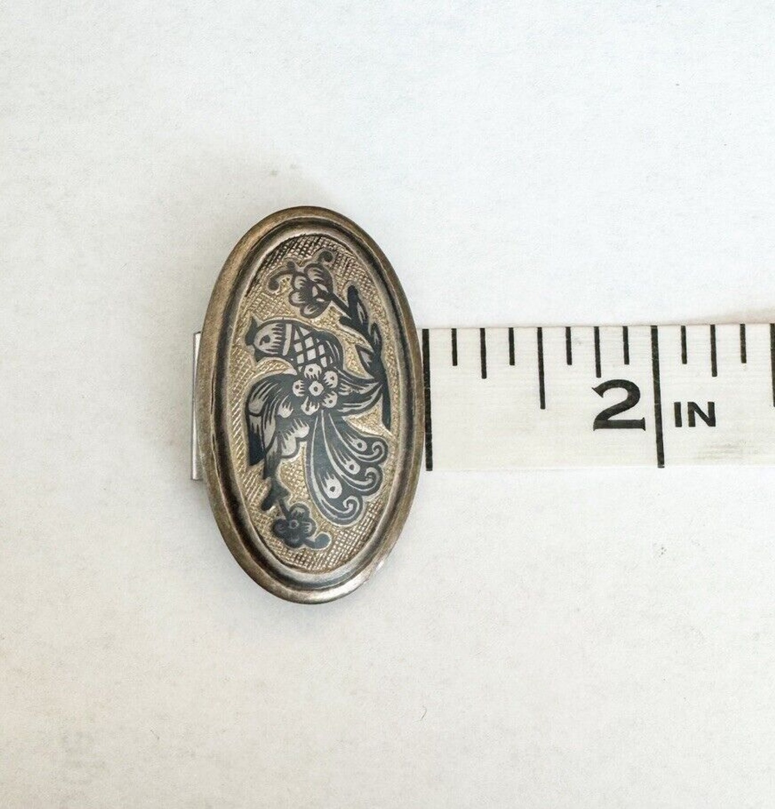 Vtg Russian Soviet Era Northern Black Niello Silver 925 Oval Brooch Floral Bird
