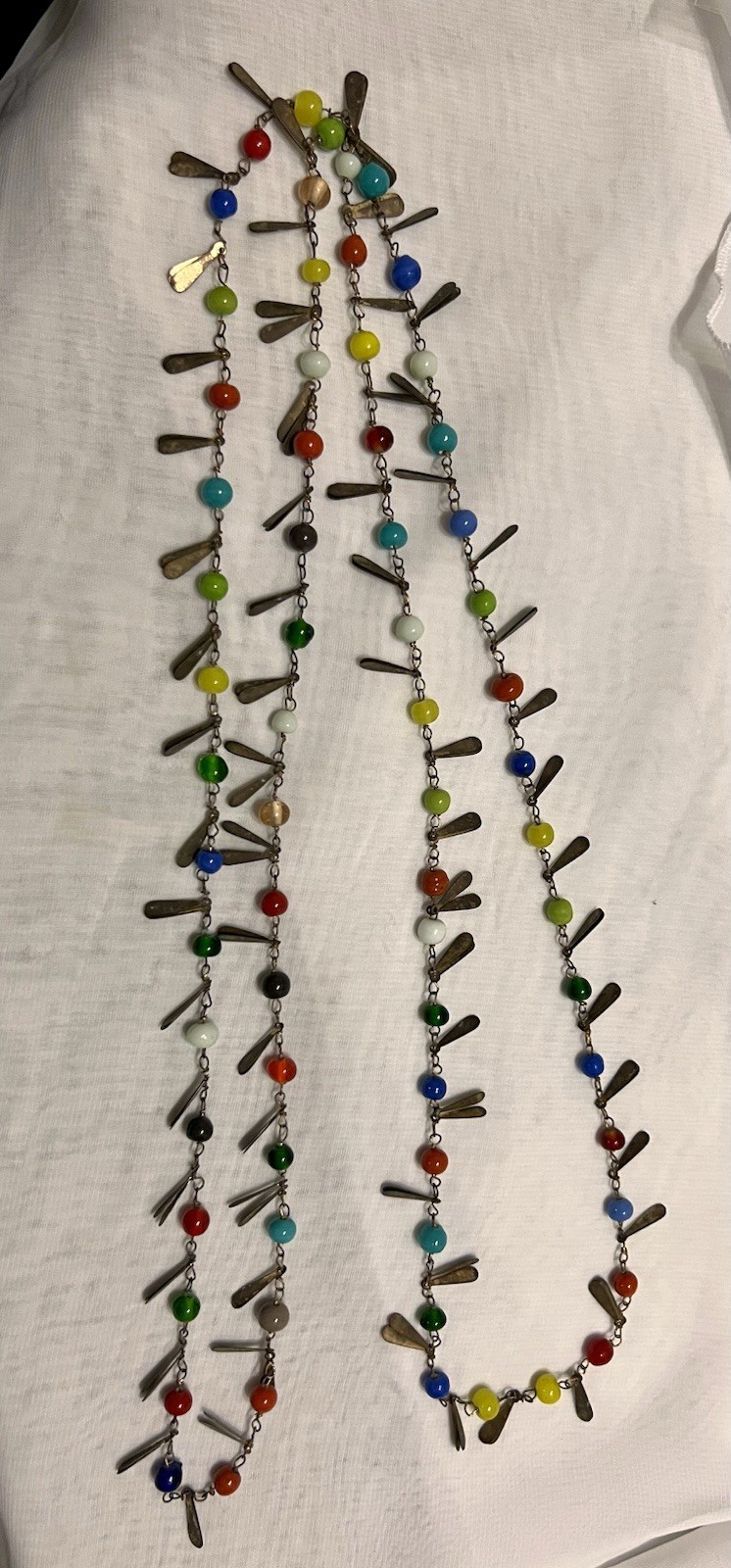 CZECH Flapper Length 54″ ART GLASS BEAD & TEARDROP METAL TAG Necklace VINTAGE