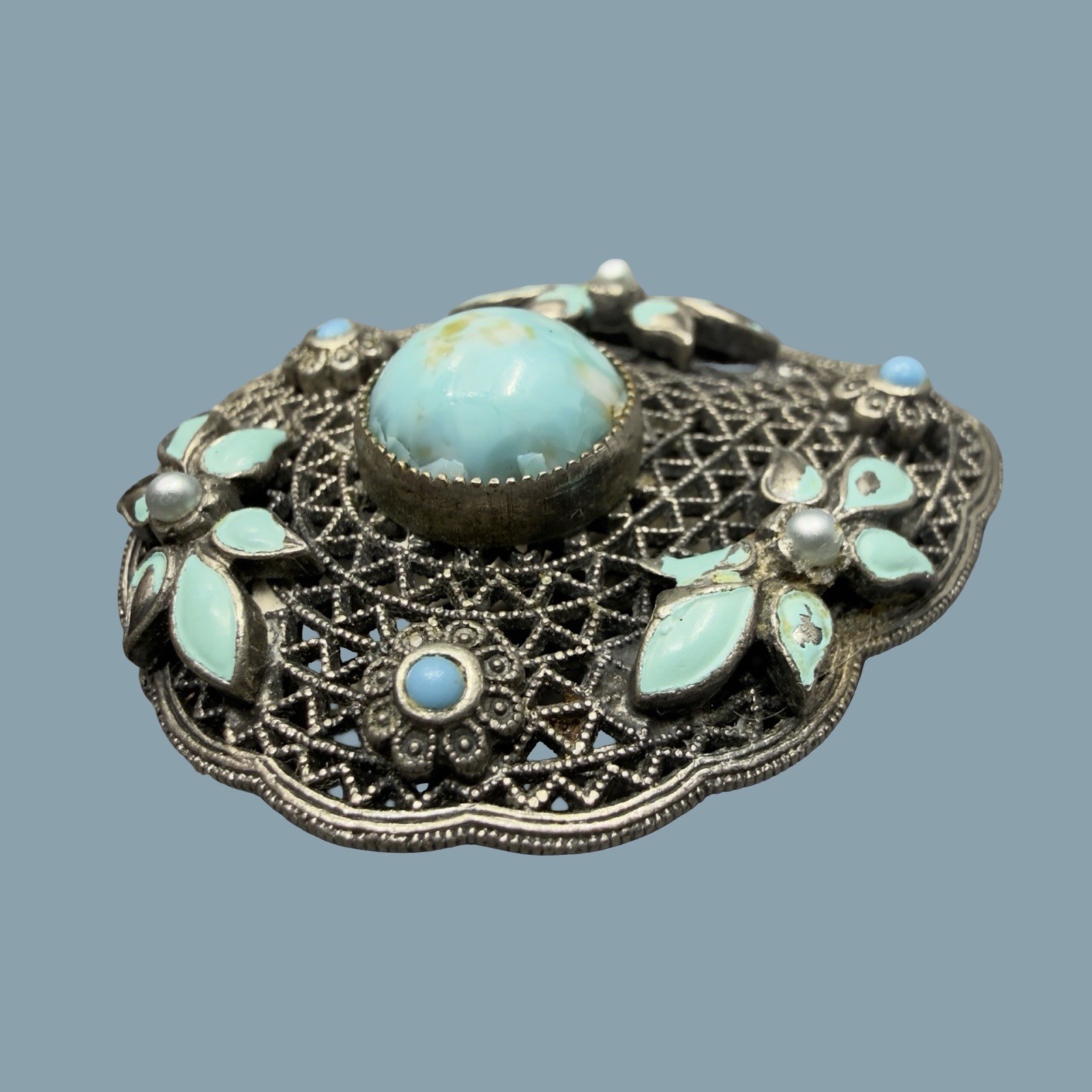 Antique Czech Glass Filigree Enamel Turquoise Blue Fur Dress Clip Brooch NEIGER?