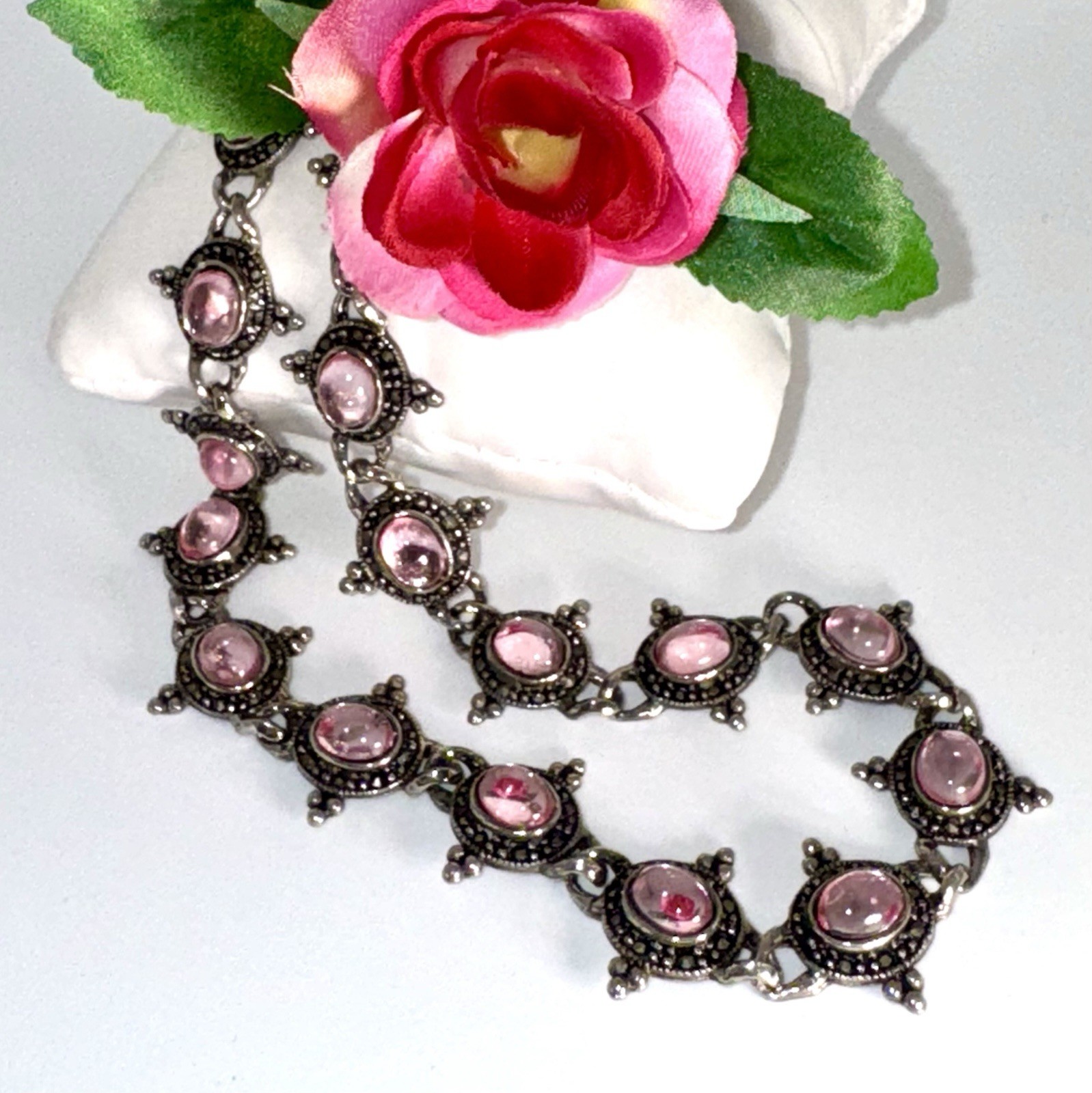 Vintage Silver Beaded & Marcasite Collar Necklace, Bezel Set With Pink Cabochons