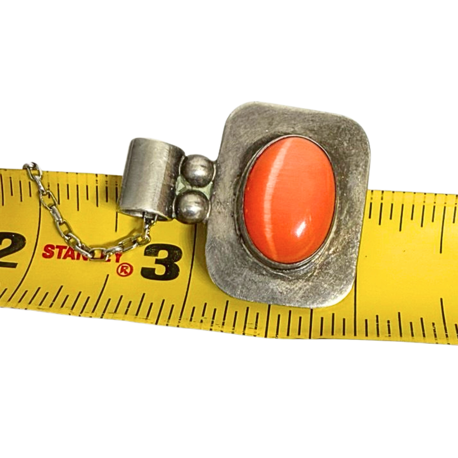 Vintage ATI Mexico 925 Sterling Silver Coral Cabochon Pendant Necklace Signed