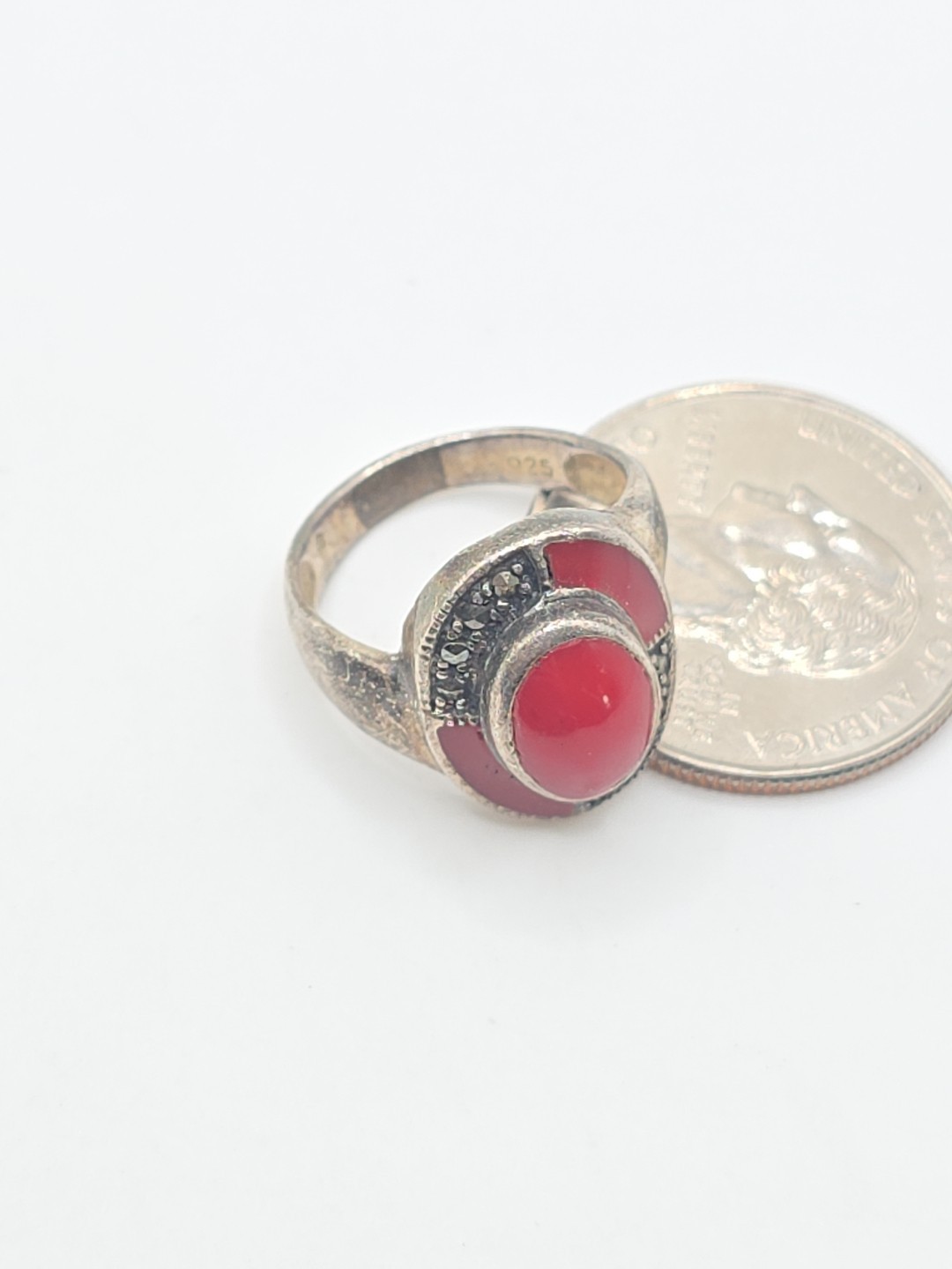 Vintage Sterling Silver 925 Oval Marcasite Red Coral Ring Size 6
