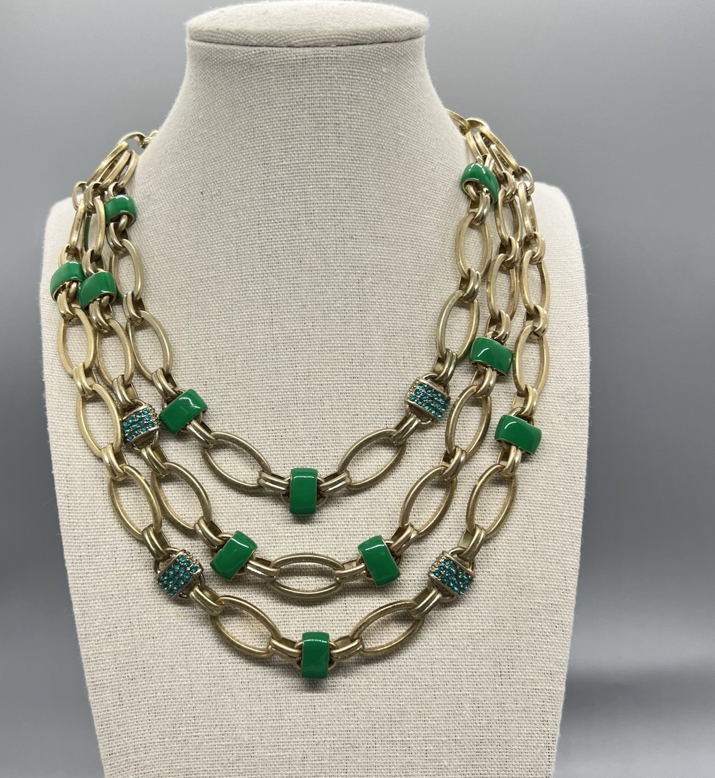 Coldwater Creek Green Enamel Blue Rhinestone Multi Strand Necklace Gold Tone