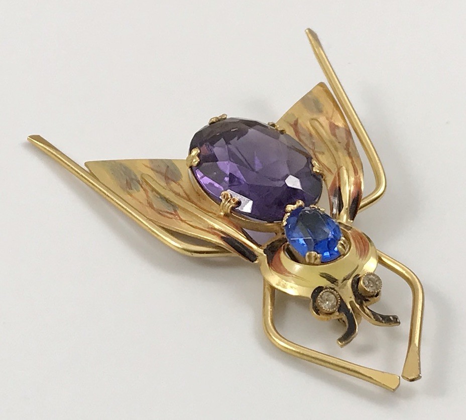 VTG Coro Sterling Silver Purple & Blue Crystals Enamel Fly Insect Brooch Pin #46