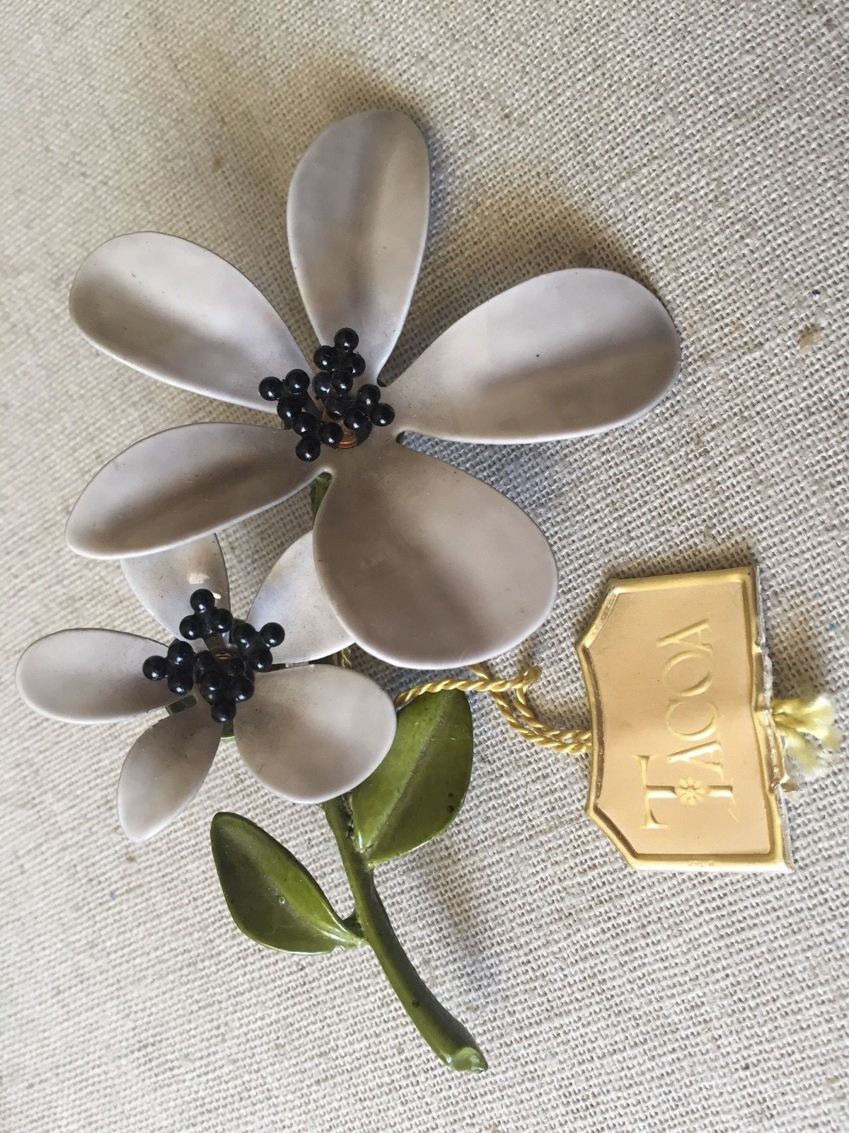 Vintage TACOA Double Flower Enamel Painted Pin Brooch w/ Original Tag Attached