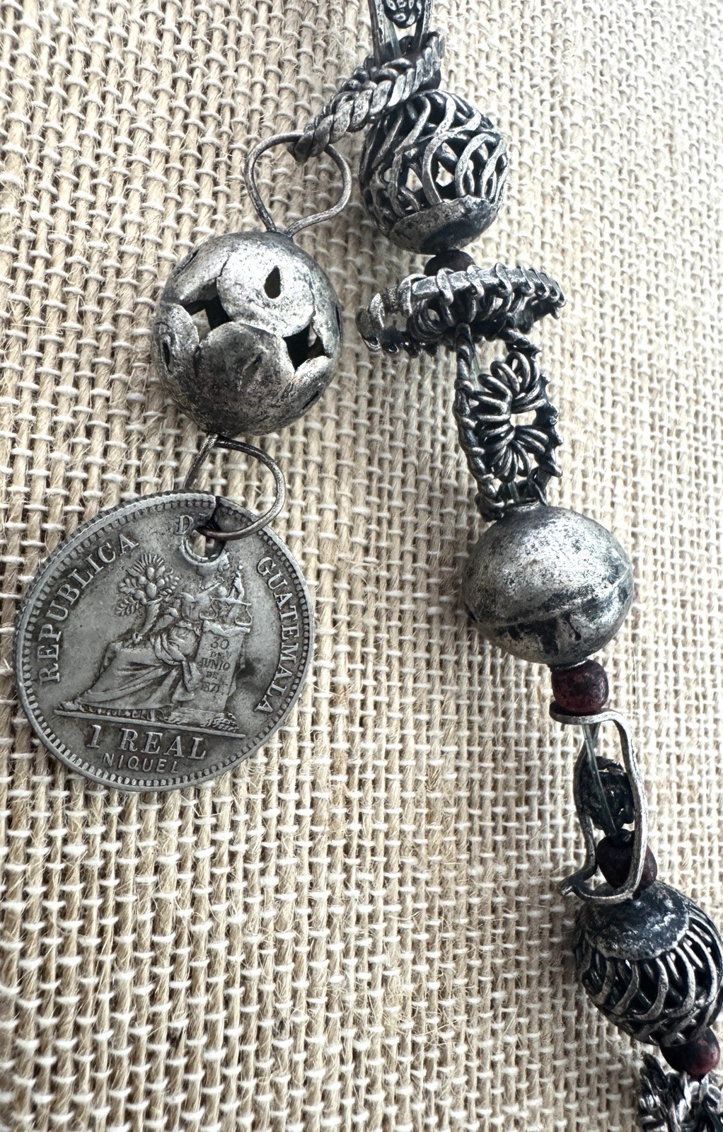 Vintage GUATEMALA 1894 Silver COIN NECKLACE Chachal MILAGROS Animal Charms Beads