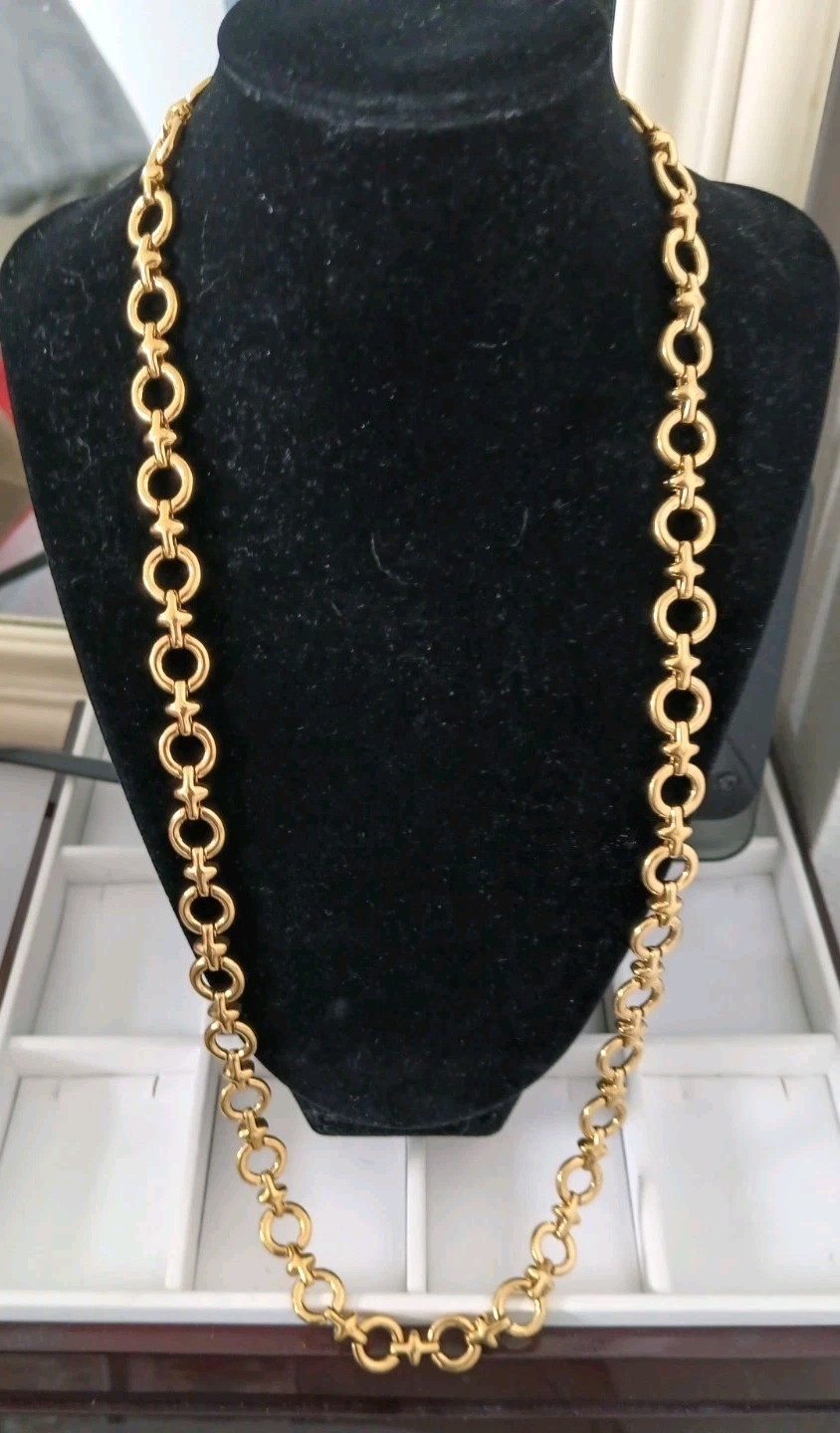 Vintage Monet Gold-Tone Horsebit Long Link Costume Jewelry Necklace