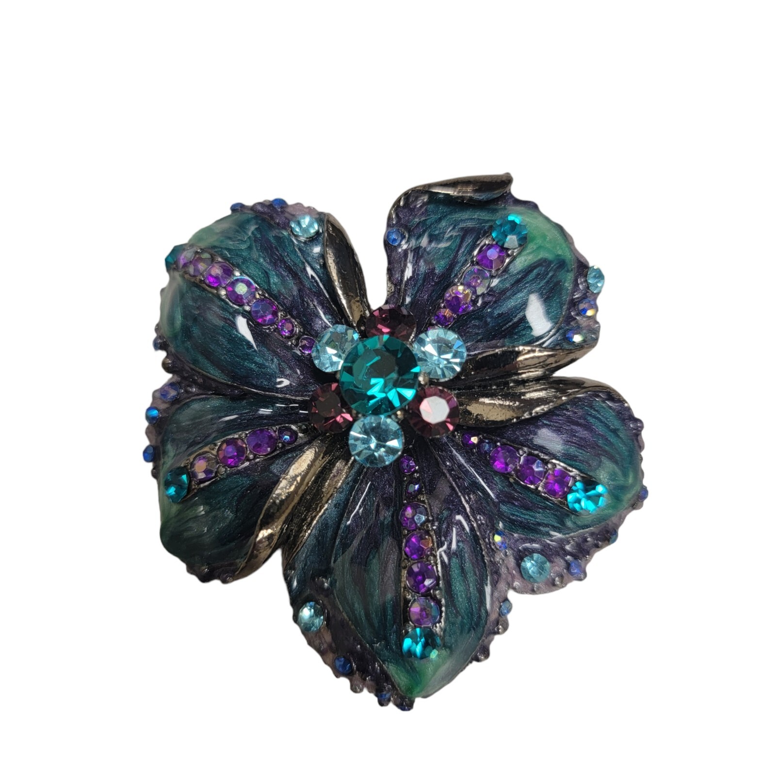 Vtg Estate Brooch 2″ Teal Purple Green Light Blue Rhinestone