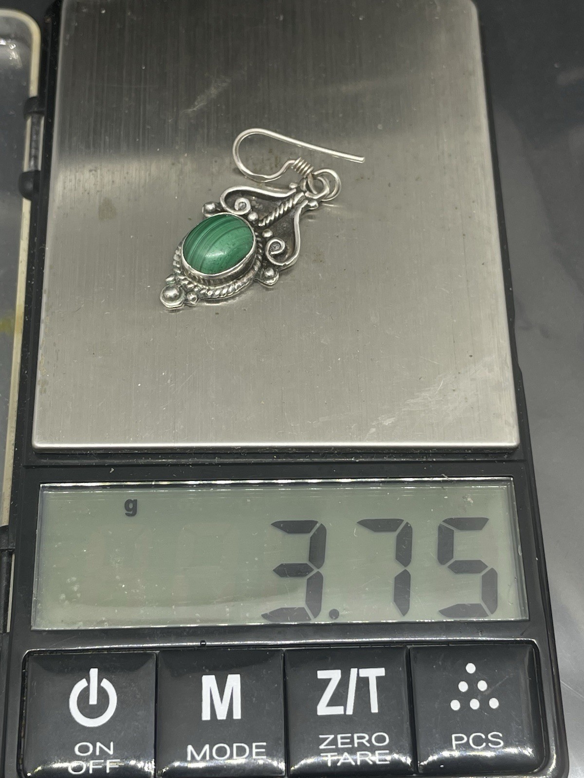 Vintage 925 Sterling Silver Malachite Fishhook Dangle 1.75” Earrings