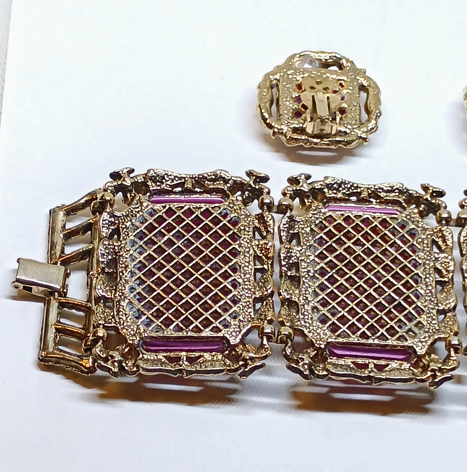 Vintage Purple Thermoset Lucite Chunky Wide Link Bangle Bracelet Earring Set