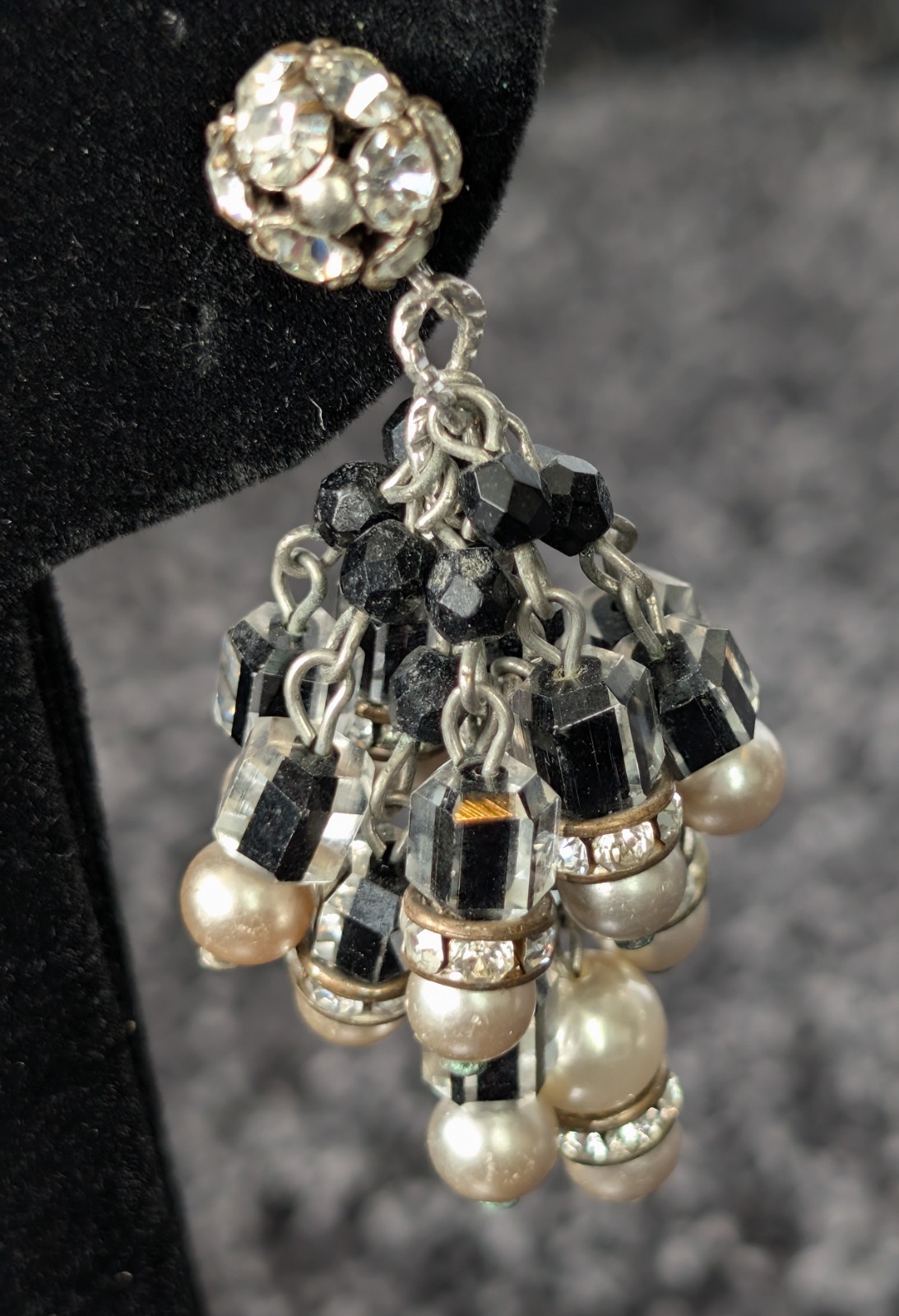 Vintage Vendome? Black & Clear Givre Glass Czech Beads Chandelier Clip Earrings
