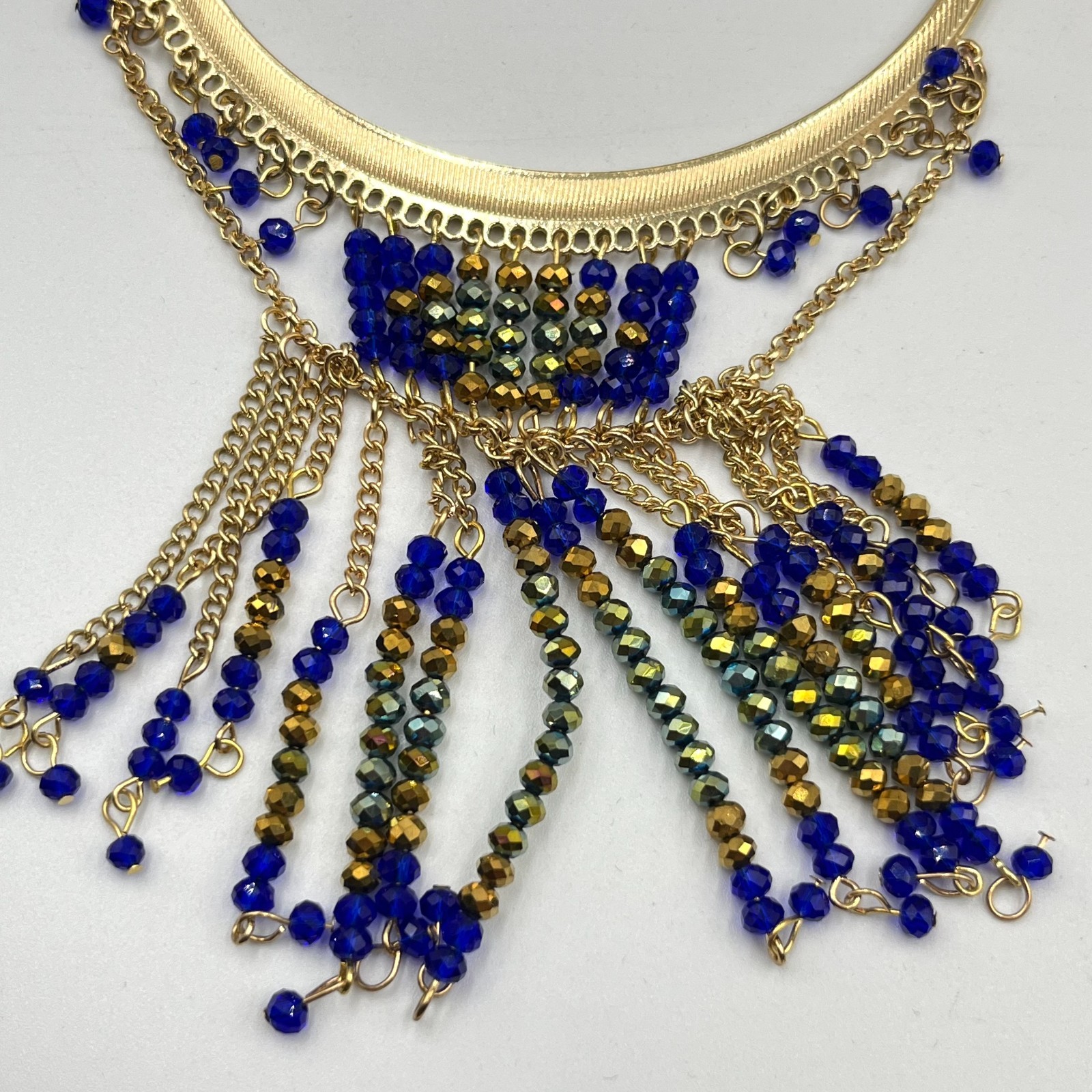 Vintage Retro Gold Tone Cobalt Blue Beaded Fringe Statement Bib Necklace Fashion