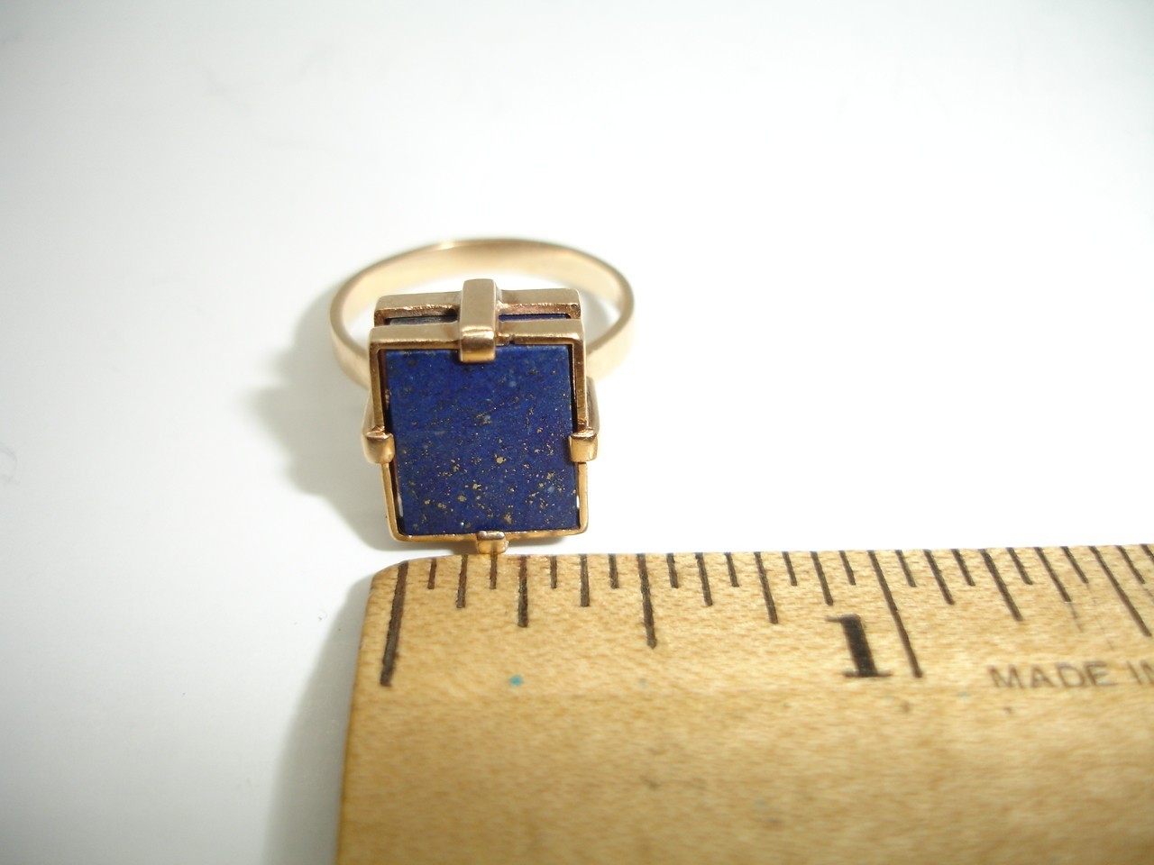 14K Gold Lapis Lazuli Signet Statement Ring Mid Century Deco two-tiered square 7