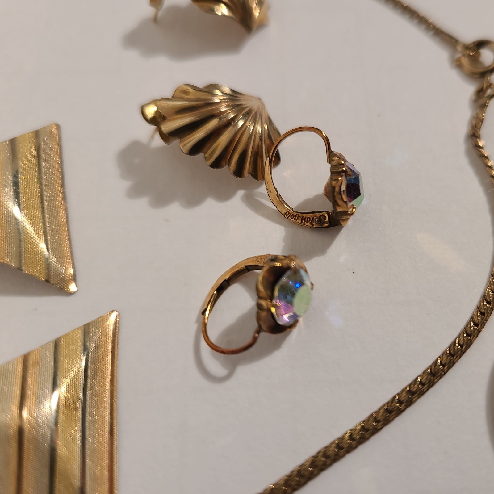 Vintage 14K GF Earrings, 12K GF Chain, Rolled Gold AB Earrings, 12K GF Brooch