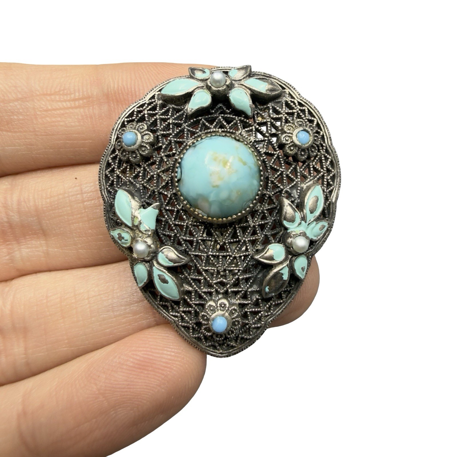 Antique Czech Glass Filigree Enamel Turquoise Blue Fur Dress Clip Brooch NEIGER?