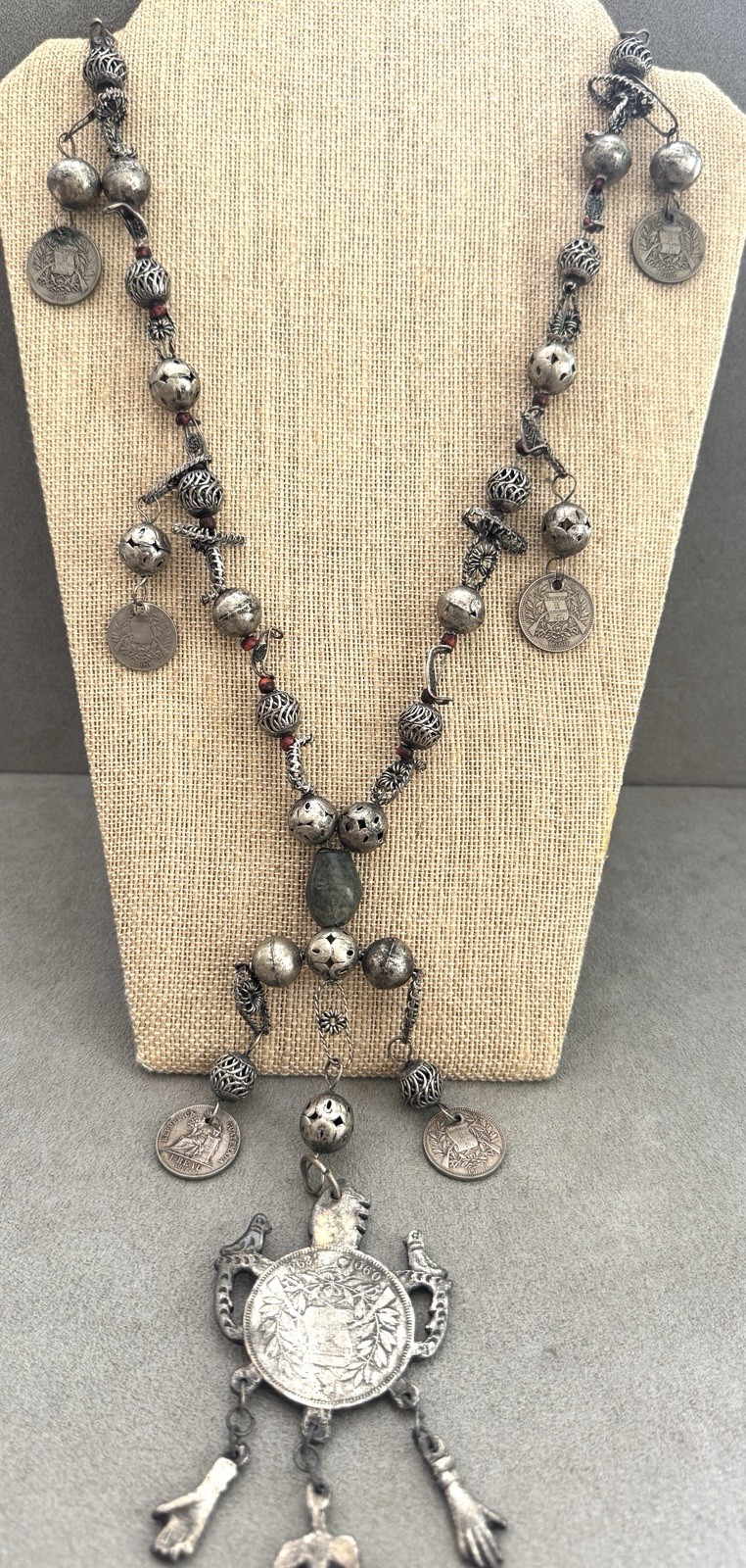 Vintage GUATEMALA 1894 Silver COIN NECKLACE Chachal MILAGROS Animal Charms Beads