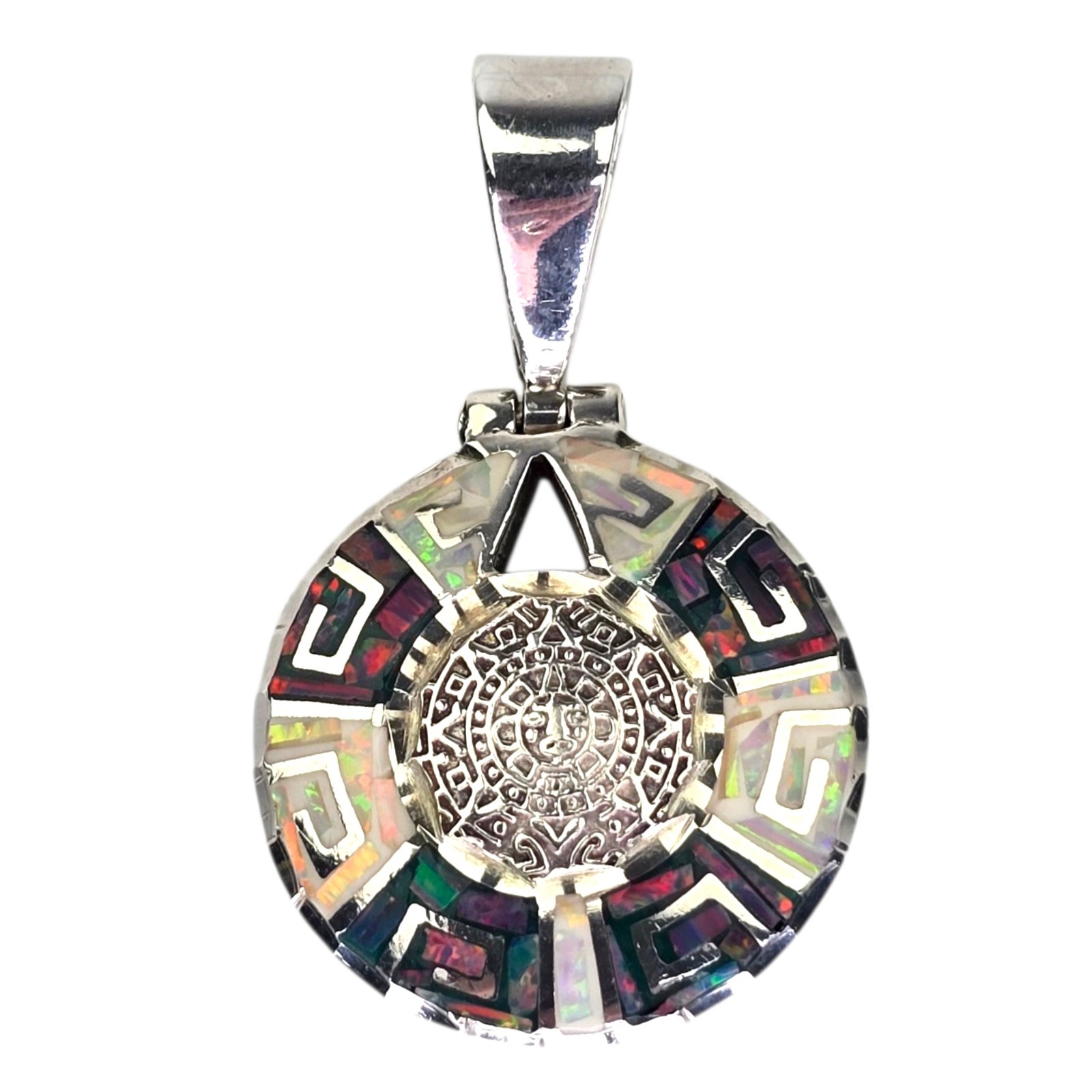Vintage Sterling Silver Taxco Mexico Mayan Aztec Calendar MOP Opal Inlay Pendant
