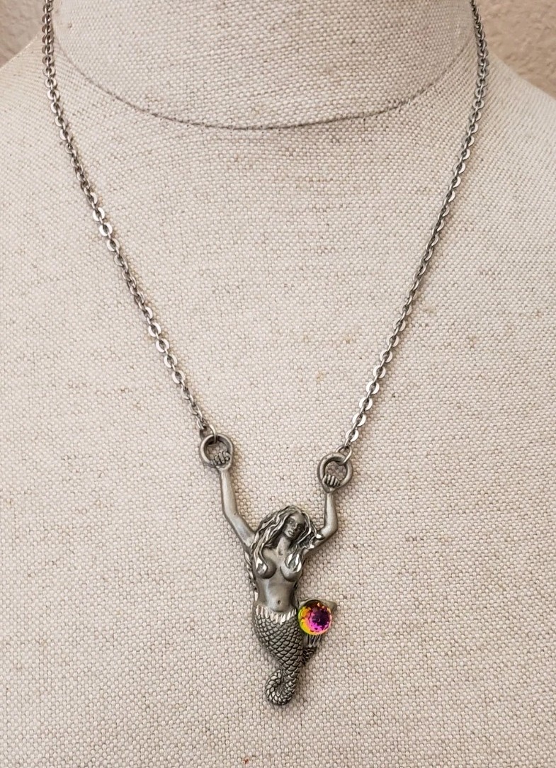 Rare Vintage Fable Mermaid Necklace Fantasy Pewter Tone Pendant AB Rhinestone