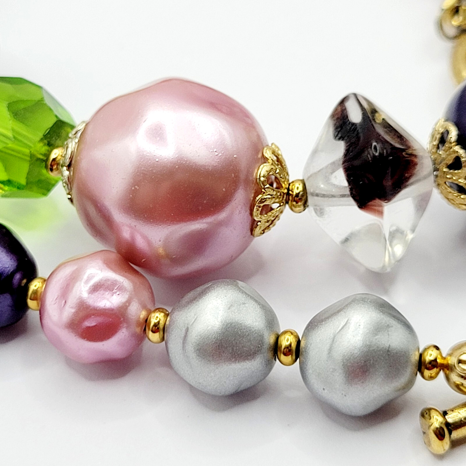Colorful Glass & Faux Pearl Style Multi Color Shape Bead Vintage Necklace 21 In