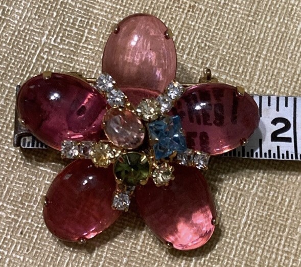 Vintage 1960’s Pink Oval Cabochon Lucite Floral Brooch Almost 2”