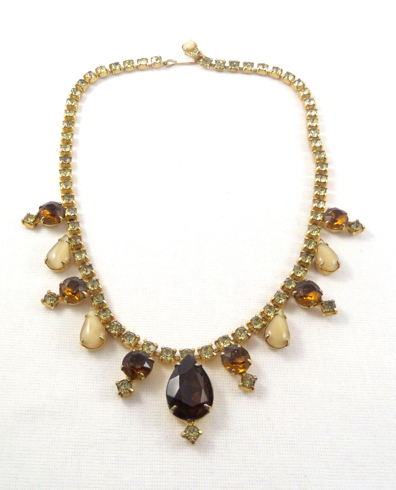 VTG Juliana Style Necklace Yellow & Brown Rhinestones Different Sizes & Shapes